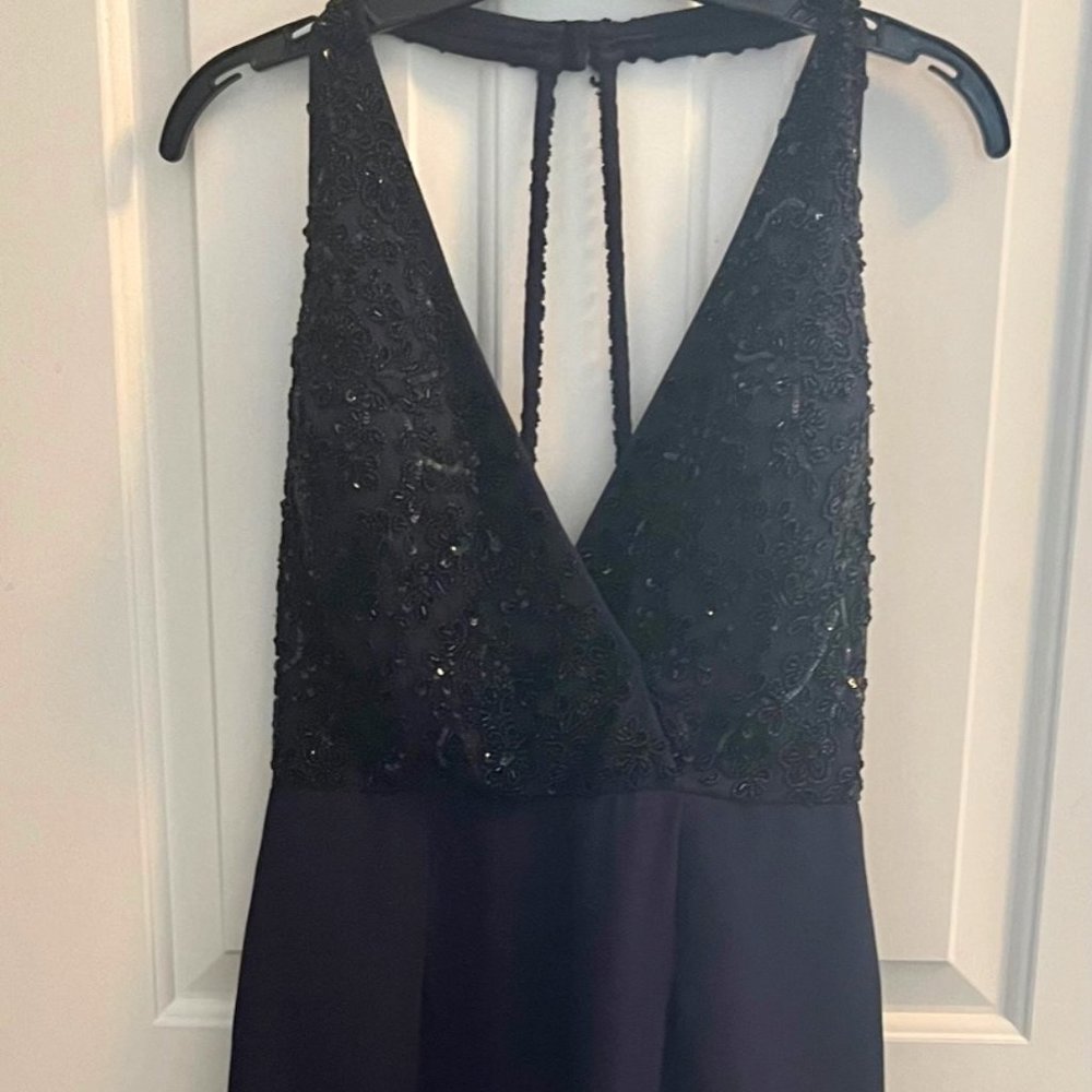 Aidan Mattox Long Navy Gown with Beaded Bodice